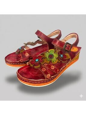 L'Artiste Spring Step Womens 6.5 Boho Artsy Eclectic Leather 3D Floral Sandal